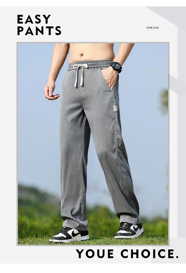 Men's Summer Soft Lyocell Fabric Jeans Thin Loose Straight Denim Pants Drawstring Elastic Waist Casual Trousers Plus Size M-5XL