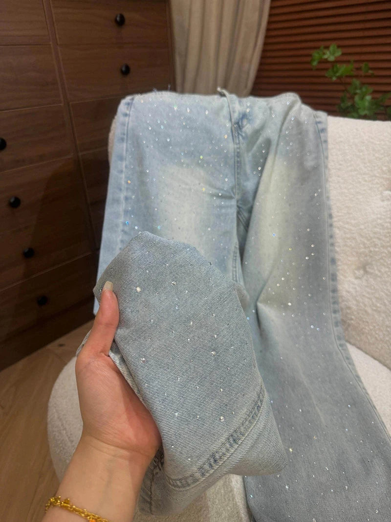 Retro Rhinestone Jeans for Women 2026 New Casual Straight Leg Denim Pants Spring Light Blue Narrow Wide Leg Trousers