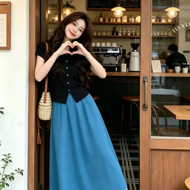 Women High Waist Elastic Waist Midi Skirt Flowy A Line Loose Long Casual Skirt