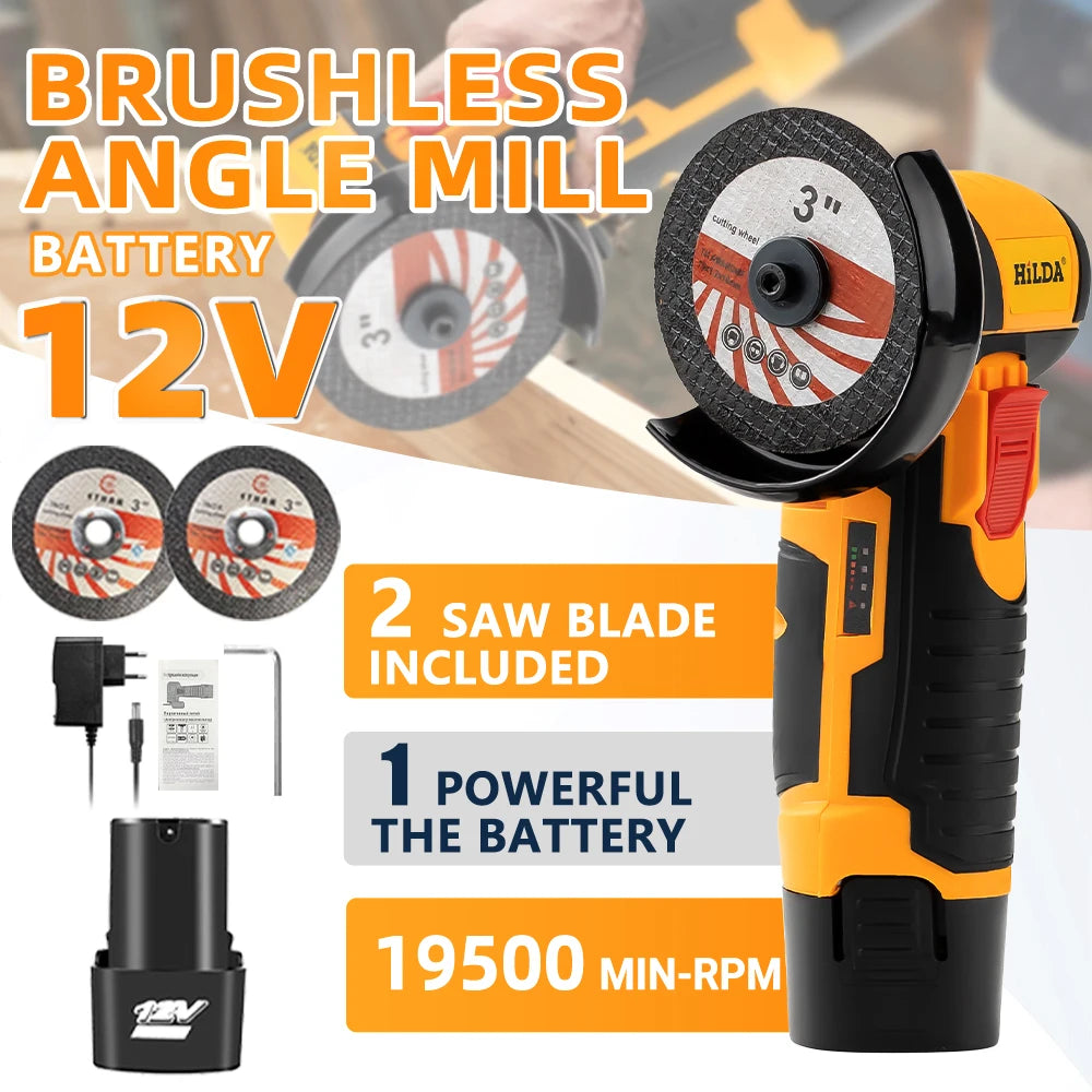 HILDA 12V Mini 3 Inch Brushless Electric Angle Grinder Micro Lithium-ion Polisher Diamond Cutting And Grinding Machine Men Gift