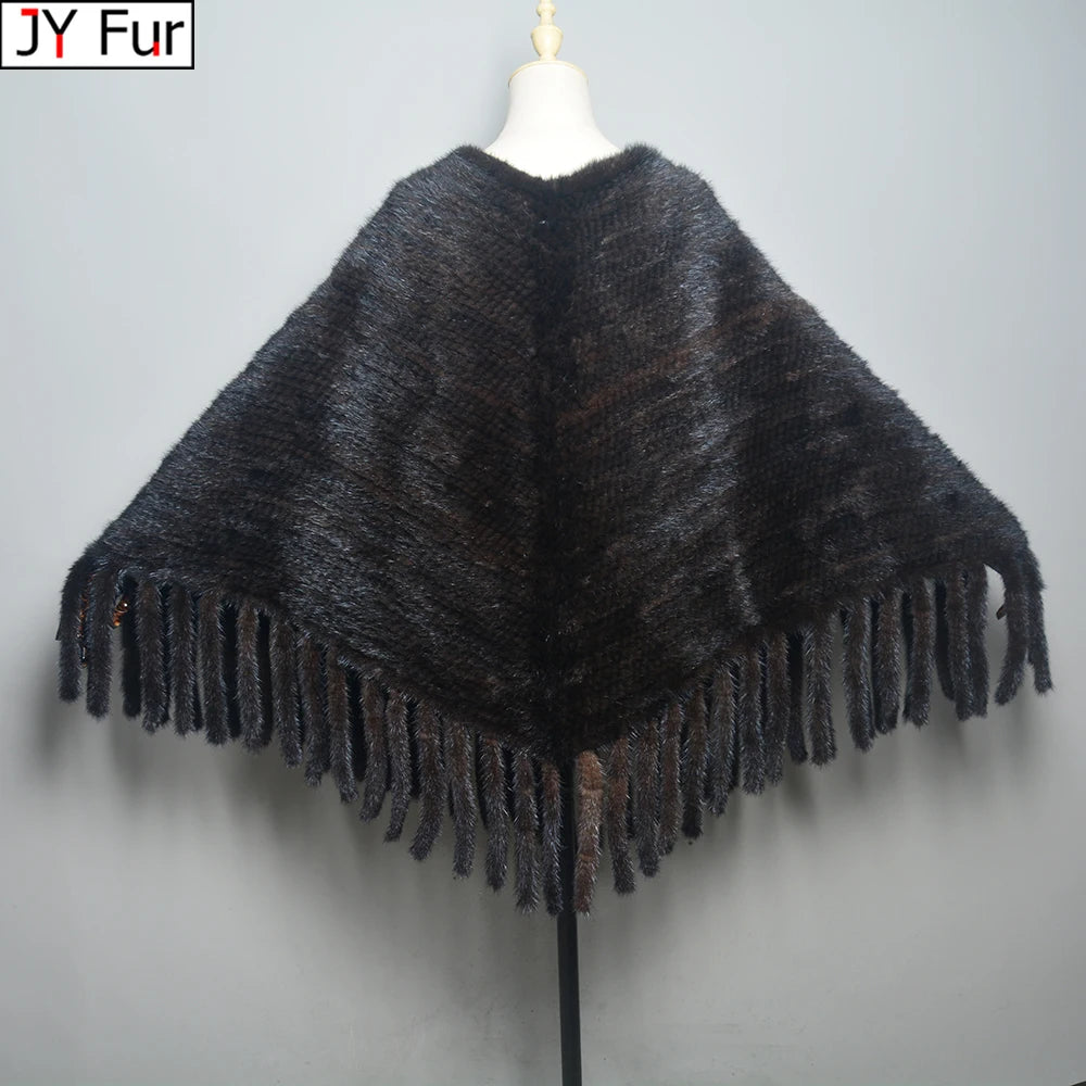 Fashion Women Fur Shawl Winter Knitted Real Mink Fur Stole With Fur Hood Knitted Mink Poncho Pashmina