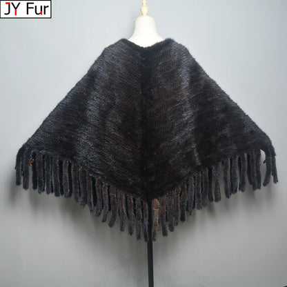 Fashion Women Fur Shawl Winter Knitted Real Mink Fur Stole With Fur Hood Knitted Mink Poncho Pashmina