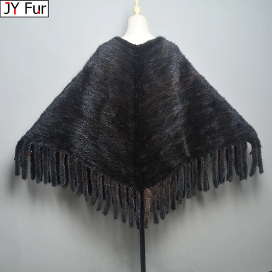 Fashion Women Fur Shawl Winter Knitted Real Mink Fur Stole With Fur Hood Knitted Mink Poncho Pashmina