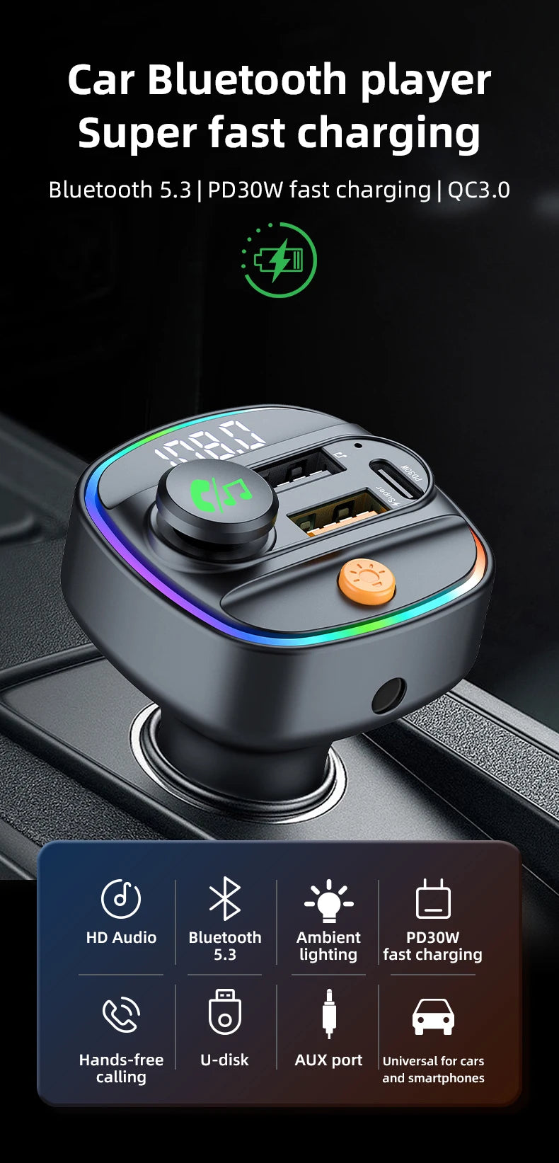Bluetooth 5.4 FM Transmitter Handsfree Car AUX Radio Modulator MP3 Player with 22.5W & PD30W Fast Charge Adapter Car Accessories