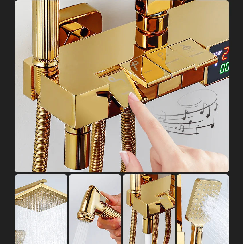 Gold Piano Digital Display Bathroom Shower Set Brass Bathroom Faucet Accessories Thermostatic Digital Bathroom Shower System