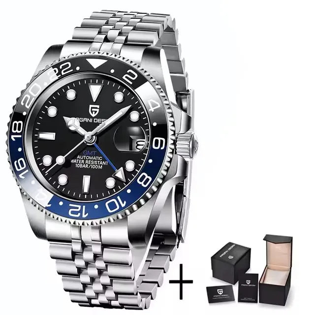 PAGANI DESIGN 40MM Black Gray Dual Tone Automatic Mechanical GMT WATCH Sapphire Glass Stainle Steel Sports luminous Watches men