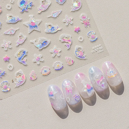 Colorful Bagful Jellyfish Bubbles Swimming Rings Rainbow Stars Ocean Starfish Self Adhesive 5D Nail Art Sticker Manicure Decal