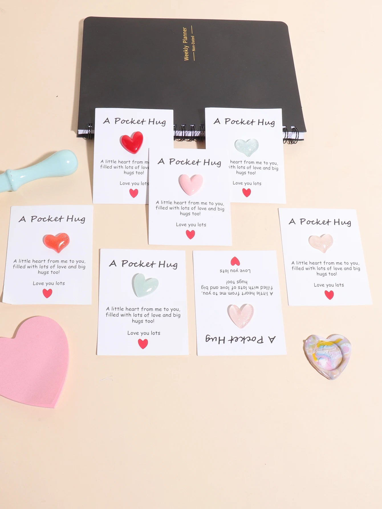 4 Pack Small Cute Pocket Hug Cards, Heart Shape Encouragement Greeting Cards, Mini Love Cards for Birthday Valentine