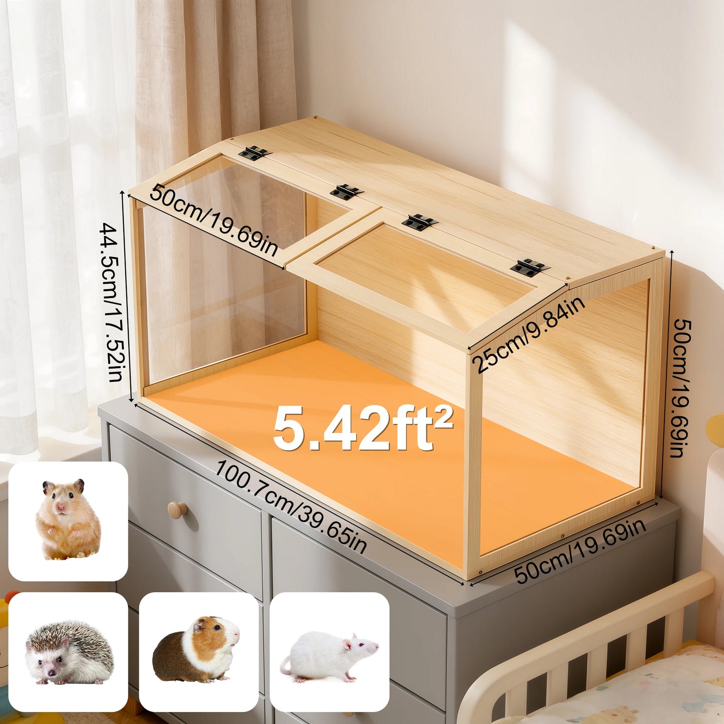 Large Wooden Hamster Cage Clear Tempered Glass Pet Small Animal Habitat Cage Playful Hutch House