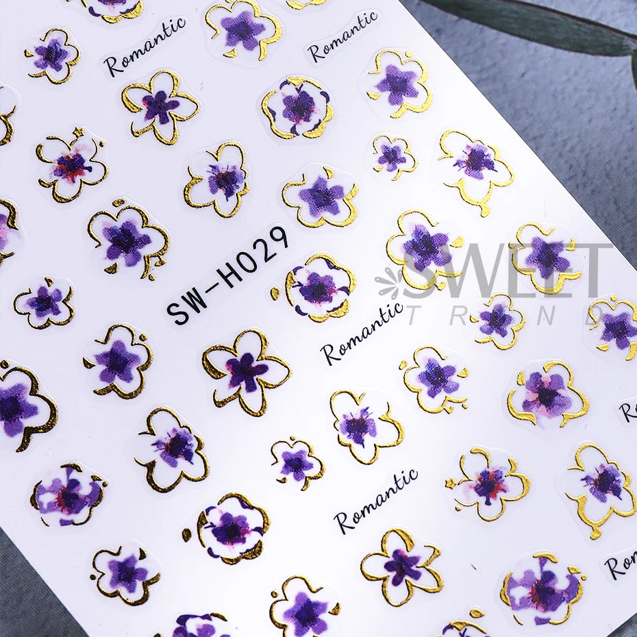 2/3pcs Golden Pink Hibiscus Flower Nail Stickers 3D Bronzing Border Petals Sakura Line Sliders Nail Decals DIY Manicure Decor