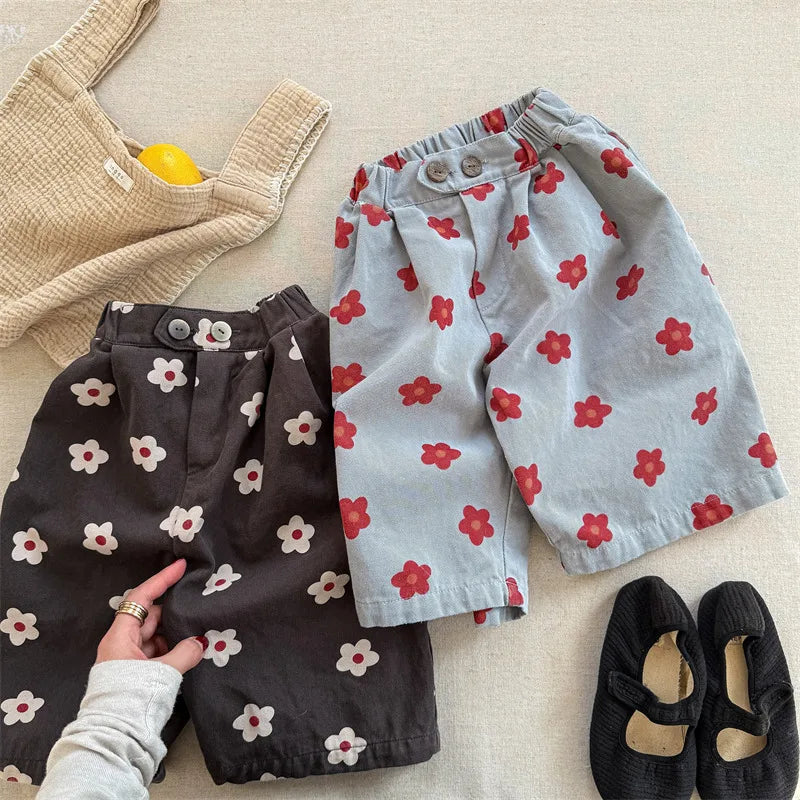 Spring/Summer Calf Length Pants for Girls Floral Print Anti-mosquito Breeches Korean Kid's Loose 7 Point Pants Childrens Clothes