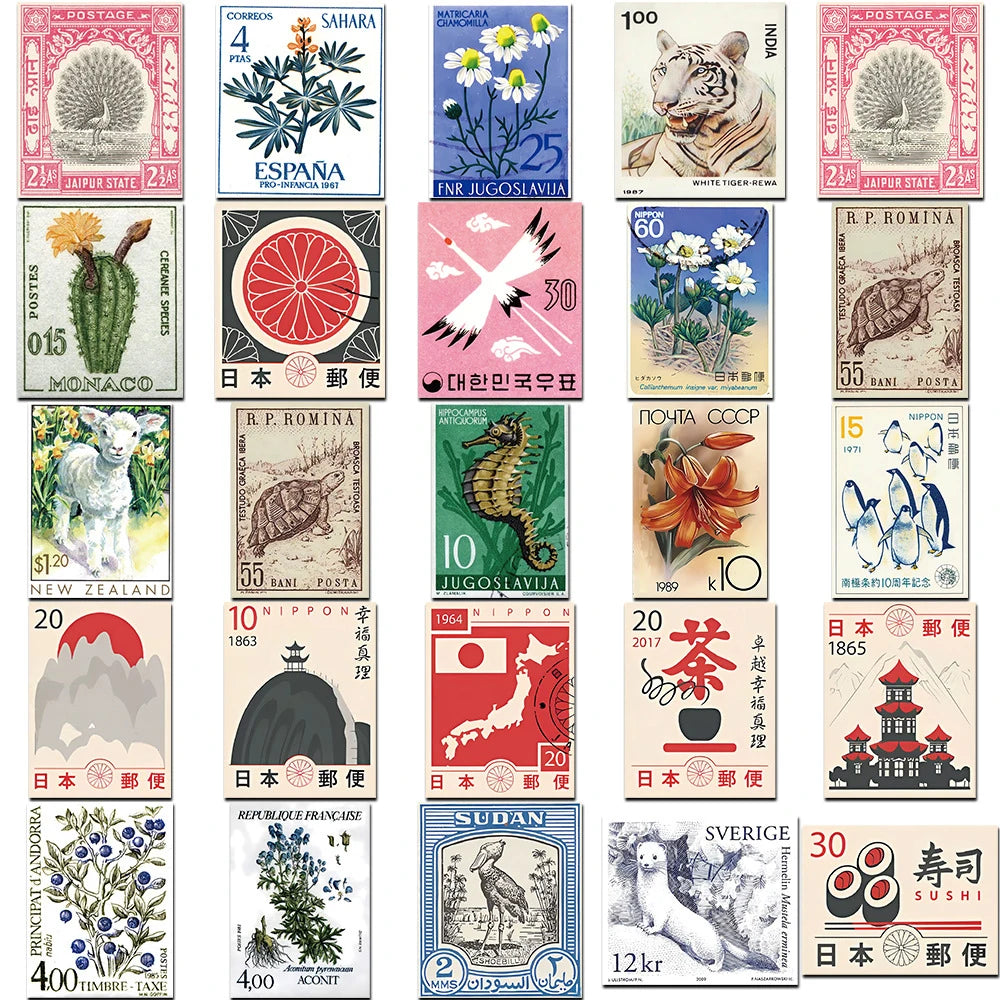 10/30/50pcs Retro Stamp Cartoon Stickers Decals Waterproof Graffiti Stationery Phone Case Laptop Artsy Aesthetic Sticker Packs