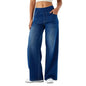 Women Jeans With Pockets Elastic High Waist Solid Color Full Length Pants Straight Wide Leg Trousers Sweatpant Daily Commuting