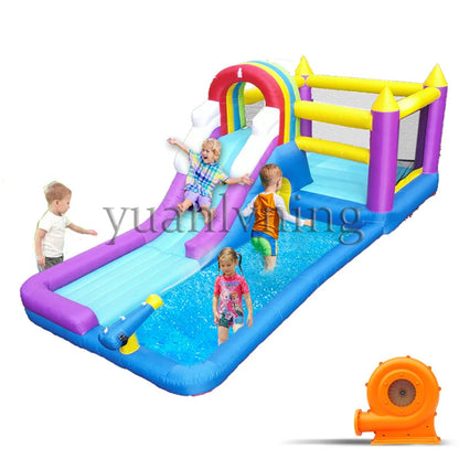 Inflatable Water Slide Bounce House Children Splash Pool Rainbow Castle Kids Outdoor Backyard Water Park with Air Blower