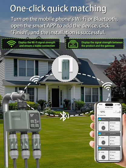 3 Zone Water Timer with, Tuya Wifi+RF433, Featuring IPX5 Waterproof, Rain Delay, Intelligent Irrigation, Suitable for the Garden