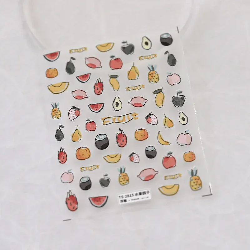 Fresh Sweet Fruits Strawberry Cherry Bowknot Love Heart Lemon 5D Nail Art Stickers Self Adhesive Decorations Nail Manicure Decal