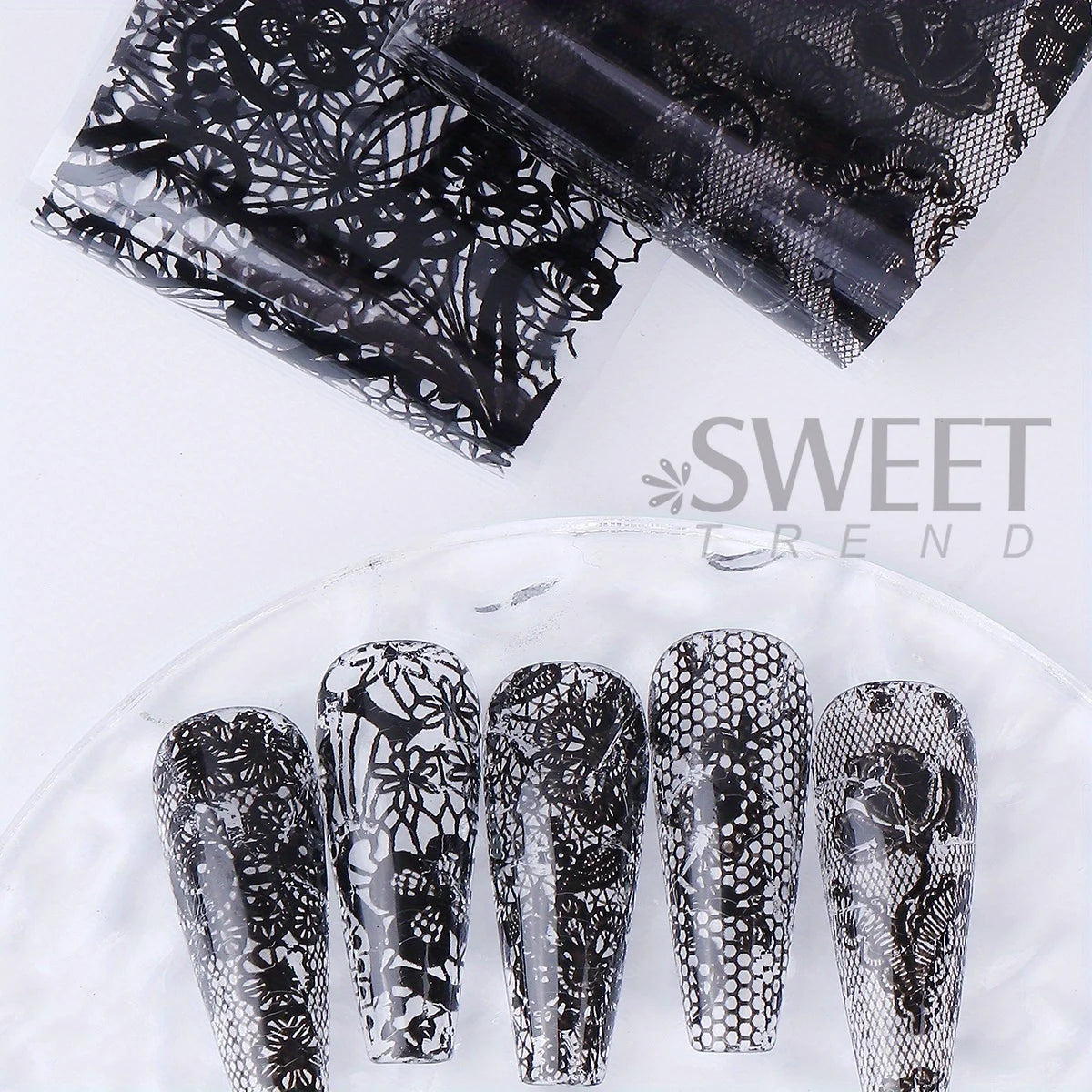 10/20pcs Elegant Black White Lace Flowers Nail Transfer Foils Fantasy Retro Floral Starry Sky Paper Sticker Manicure Accessories