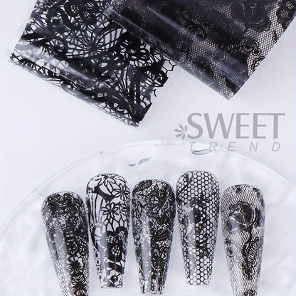 10/20pcs Elegant Black White Lace Flowers Nail Transfer Foils Fantasy Retro Floral Starry Sky Paper Sticker Manicure Accessories