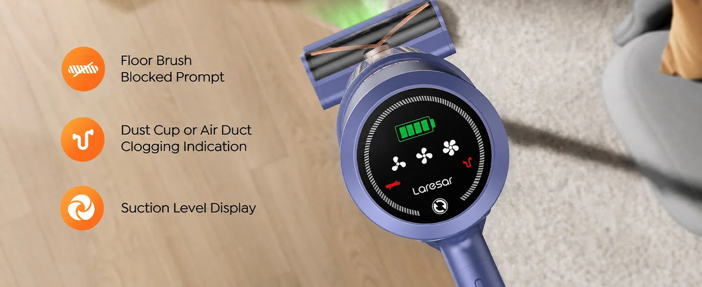 Laresar V11 650W 75000PA Ultra-Strong Cordless Vacuum Cleaner,90 Min Long Runtime,Removable Battery & Smart Display Vacuum