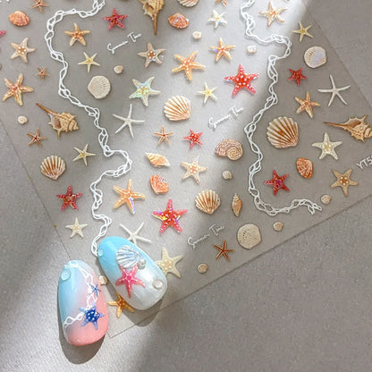 Shell Light Starfish Shell Nail Stickers Cute Starfish Decorative Stickers For Nails DIY 3D Self Adhesive Summer Manicure Decals
