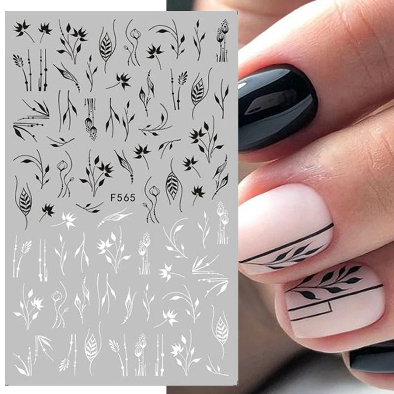 Black and White Love Flowers Line Art 3D Stickers Nail Decals Nail Art Accessories Butterfly Rose Nail Stickers Nail Sliders