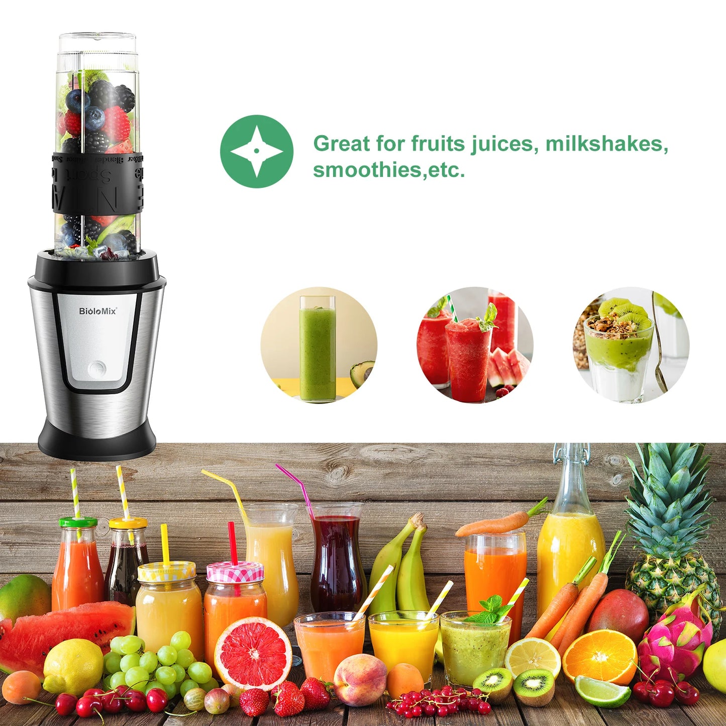 BioloMix 700W Compact Kitchen Blender 3-in-1 Juicer Food Processor and Dry Grinder Perfect for Making Fresh Juices Dips