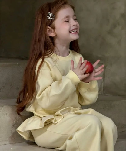 2026 Autumn Winter New Children Clothing Korean Girls Casual Lace Wide Leg Pants Set Children Round Collar Hoodie Two Piece Set