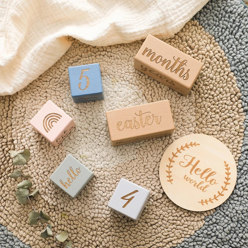Baby Milestone Memorial Beech Wooden Blocks Quadrate Engraved Newborn Grow up Milestones Commemorate Block Photography Props