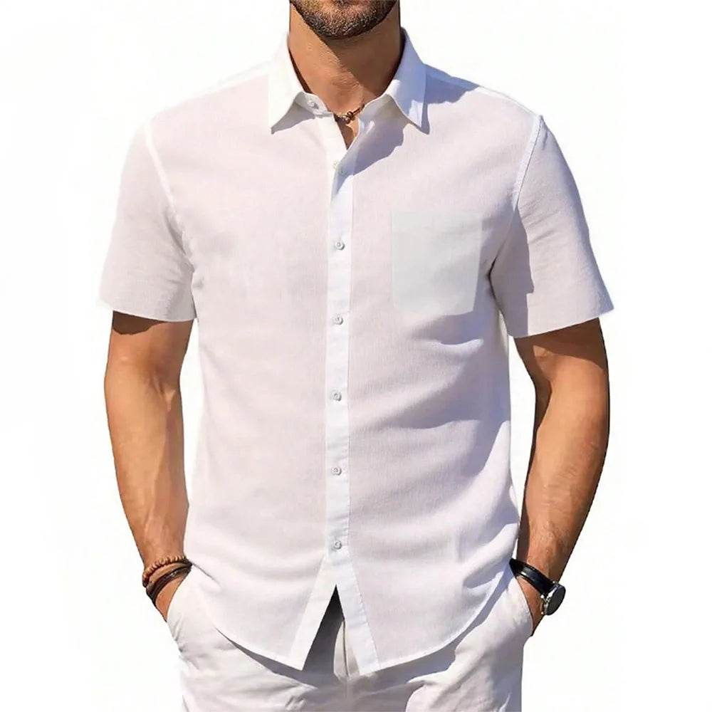 Men's Cotton Linen Shirt Summer Short Sleeve Button Up Hawaiian Lightweight Shirts Vacation Casual Lapel Collar Tops