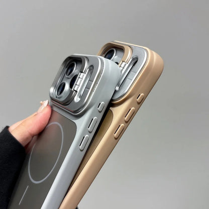 Alloy Lens Camera Holder Cases For iPhone 17 16 15 14 13 12 11 Pro Max For Magsafe  Magnetic Stand Hard PC Wireless Charge Cover