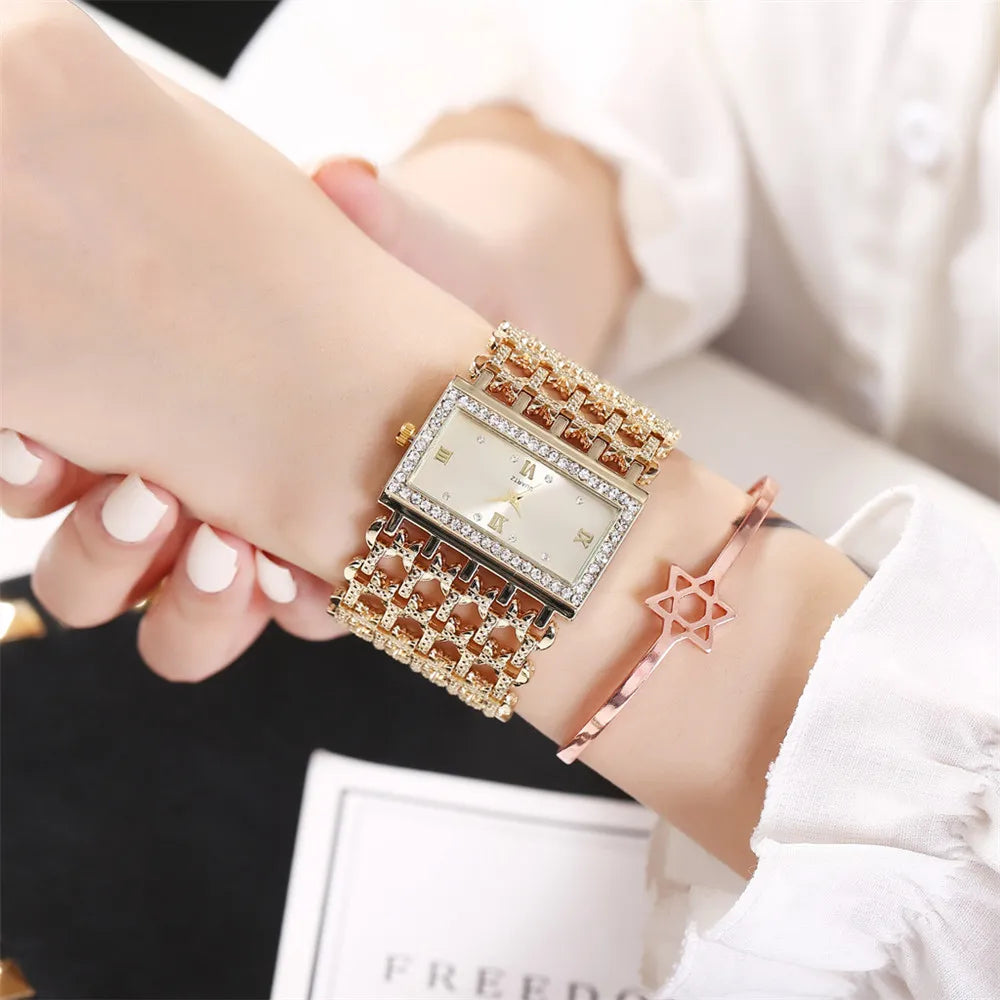 Luxury Noble Gold Ladies Quartz Watch Fashion Women's Skeleton Bracelet full Dress Clock Watches