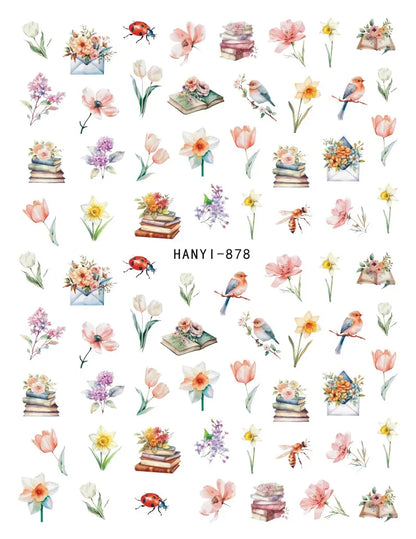 3d Nail Art Decals Spring Booming Violets Lavenders Purple Blue Pink Flowers Butterflys Stickers Decoration For Nail Tips Beauty
