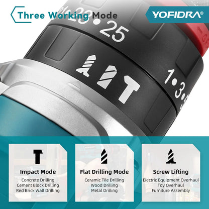 YOFIDRA 3 IN 1 25+3 Torque Electric Impact Drill  Handheld Cordless Impact Drill Woodworking Power Tool For Makita Battery Pin