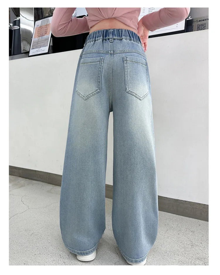 New 4-14 Years Spring Autumn Teenage Girls Jeans Full Print Bow Embroidery Fashion Wide-leg Denim Pants For Kids