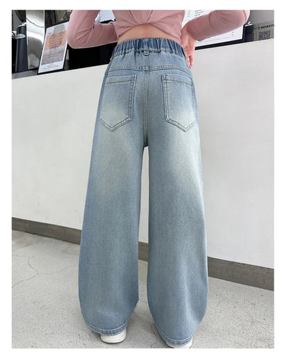 New 4-14 Years Spring Autumn Teenage Girls Jeans Full Print Bow Embroidery Fashion Wide-leg Denim Pants For Kids