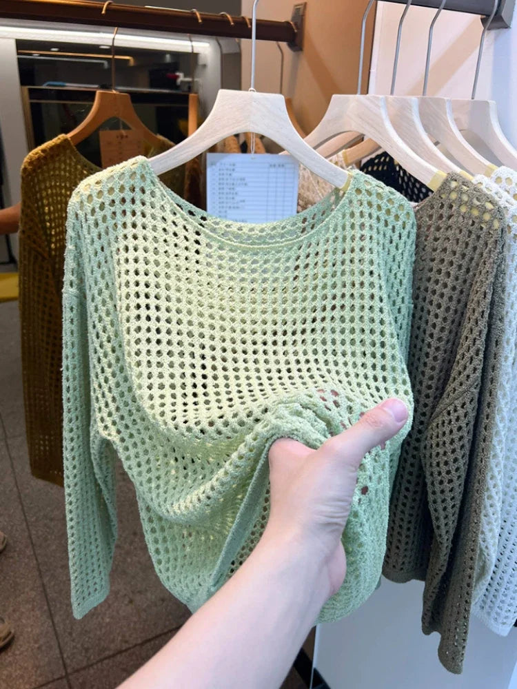 2025 Mesh Vintage Harajuku Long Sleeve Women Sweater Korean Spring Summer Knitwear Soft Thin Tops Chic Solid Femme Sweater