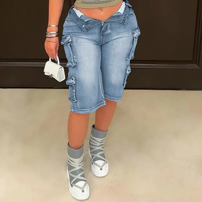FAGADOER Fashion Straight Washed Denim Woman Solid Color Cargo Pants Patchwork Jeans Trousers Female Y2k Streetwear Bottoms New