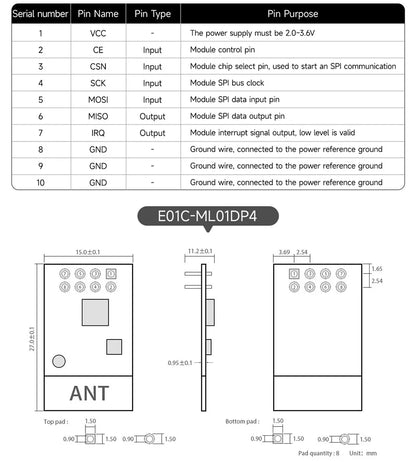 CDEBYTE E01C Series nRF24L01+ 2.4GHz Si24R1 RF Wireless Transfer SPI Module 100mW 20dBm 2.5km Long Range PA+LNA With Antenna