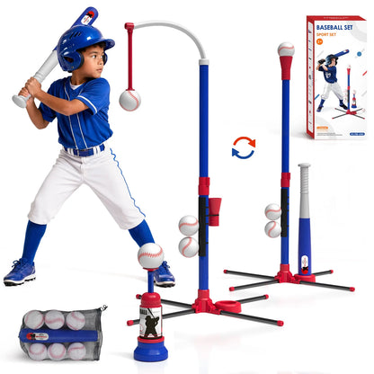 3 In 1 Kids Baseball Toy Set, With Hanging Ball Holder/Standing T-BALL/Auto Launcher/6 Baseballs, Adjustable Height Baseball Set Indoor Outdoor Sports Gift Toy Birthday Halloween Christmas Gift