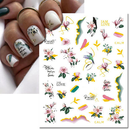 3d Nail Art Decals Watercolor Florals Purple Green Pink Flowers Leafs Fruit Adhesive Sliders Nail Stickers For Manicure