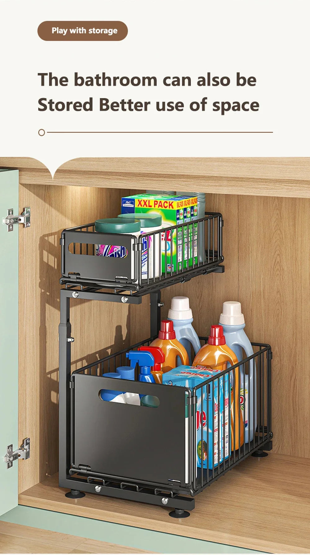 2 Tier Pull Out Cabinet Organizer Adjustable Under Sink Storage Rack Slide Out Drawer Kitchen Spice Jar Storage Shelf