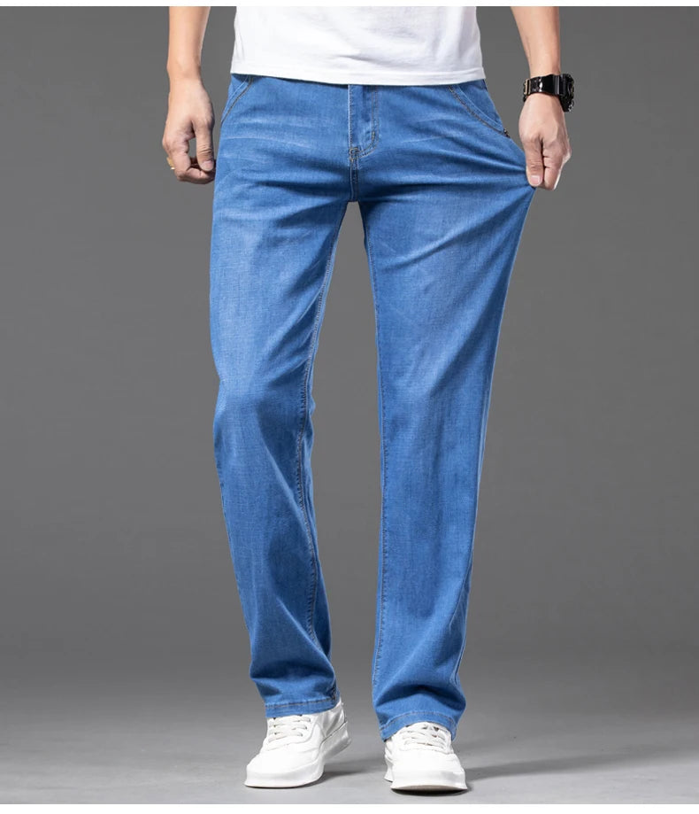 Plus Size 28-42 Men's Jeans Spring Summer Thin Business Classic Stretch Straight Denim Pants Male Brand Casual Loose Trousers