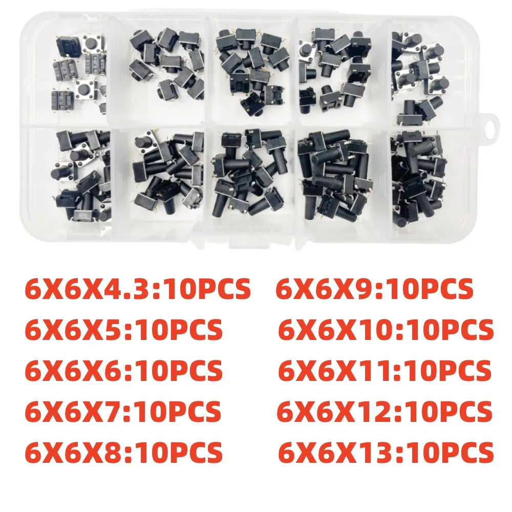 10 Models =100Pcs 6*6 Light Micro Touch Switch Set Push Button Switch Kit Height: 6*6*4.3MM~13MM  DIP SMD 2P/4P 6x6 Keys Tact