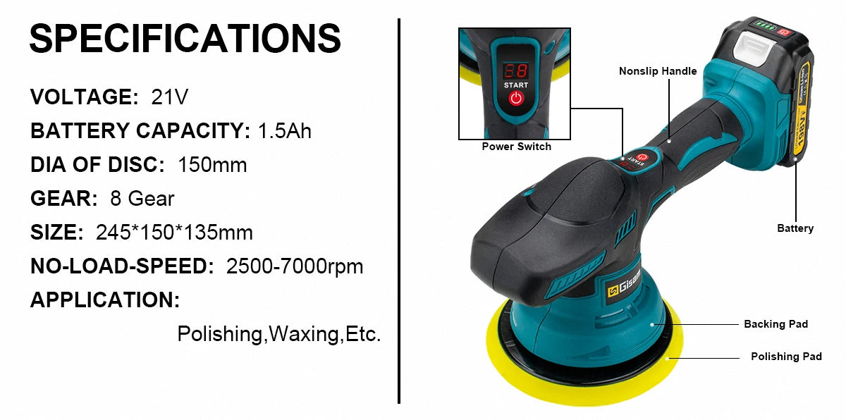 Gisam Cordless Car Polisher 8 Gears Adjustable Auto Electric Waxing Sanding Sealing Glaze Power Tool Fit Makita 18v Battery Pin