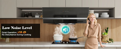 90cm Wall Hood, A+++ Energy Class, 400 m³/h, Touch Control, LED Light, Black Stainless Steel/Glass, Quiet 58 dB‌