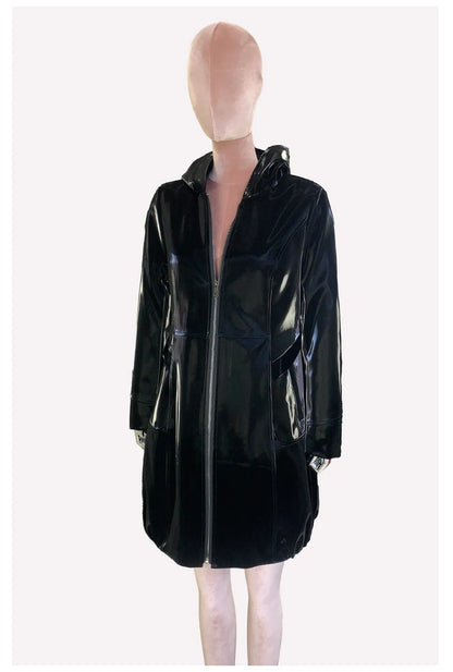 Nerazzurri Spring Fitted Waterproof Shiny Reflective Black Patent Faux Leather Jacket Women with Hood Zipper Red Autumn Clothes
