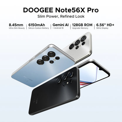 Global Version DOOGEE Note56X Pro Smartphone Android 16 Gemini AI 6.56'' Screen 6150mAh Battery Support Widevine L1 Mobile Phone