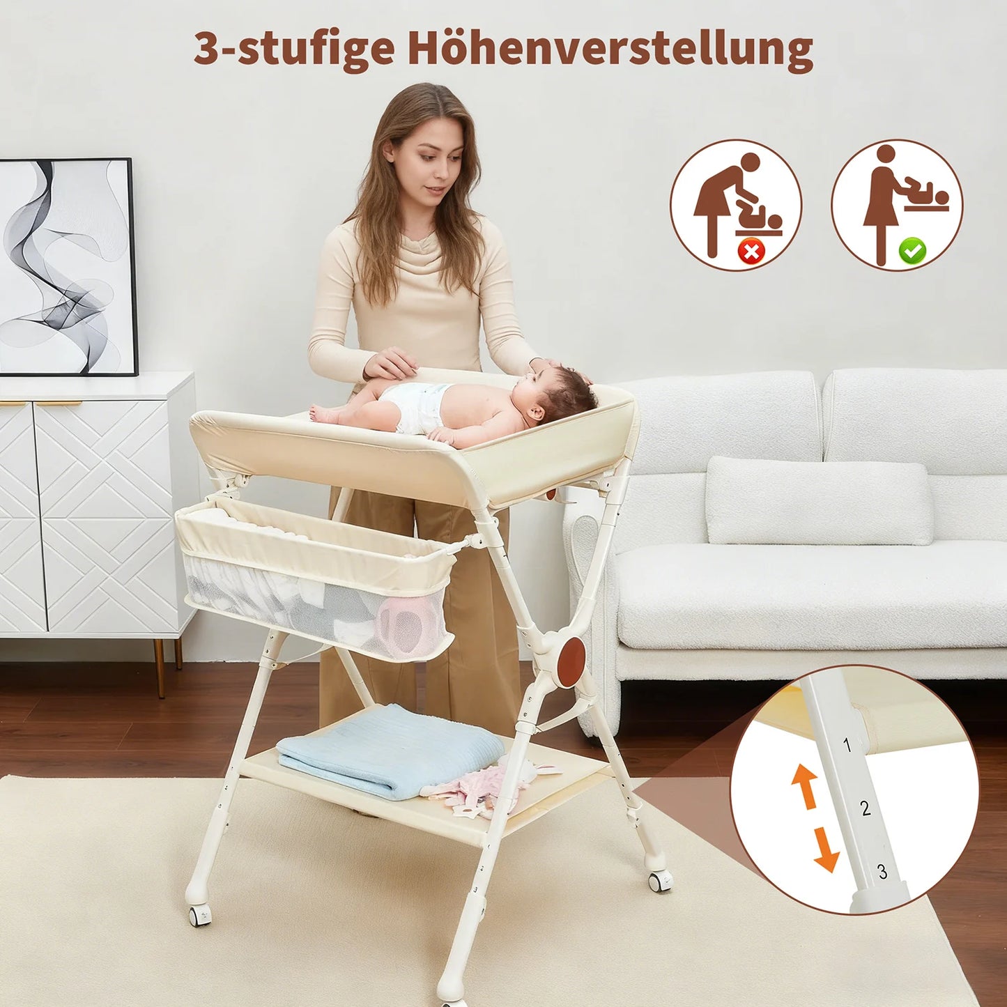 Himiss Folding Baby Changing Table Height Adjustable Metal & Fabric Large Storage Space Safety Belt Wheels for Newborns & Infants