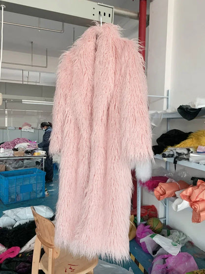Women Faux Sheep Fur Long Coat Cardigan Thermal Loose Maxi Jackets Plush Coats Female Jacket Autumn Winter Furry Outerwear