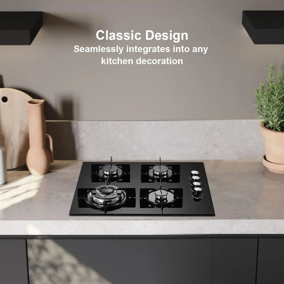 Tieasy 4 Burner 60cm Kitchen Built in Cooktop Tempered Glass NG/LPG Gas Hob YYUKGCT-B04